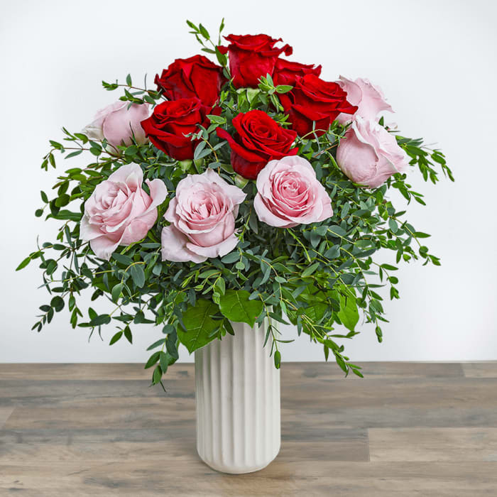 One Dozen Pink and Red Roses
