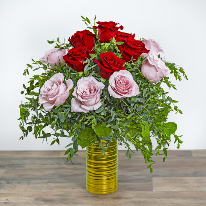 One Dozen Pink and Red Roses in Gold