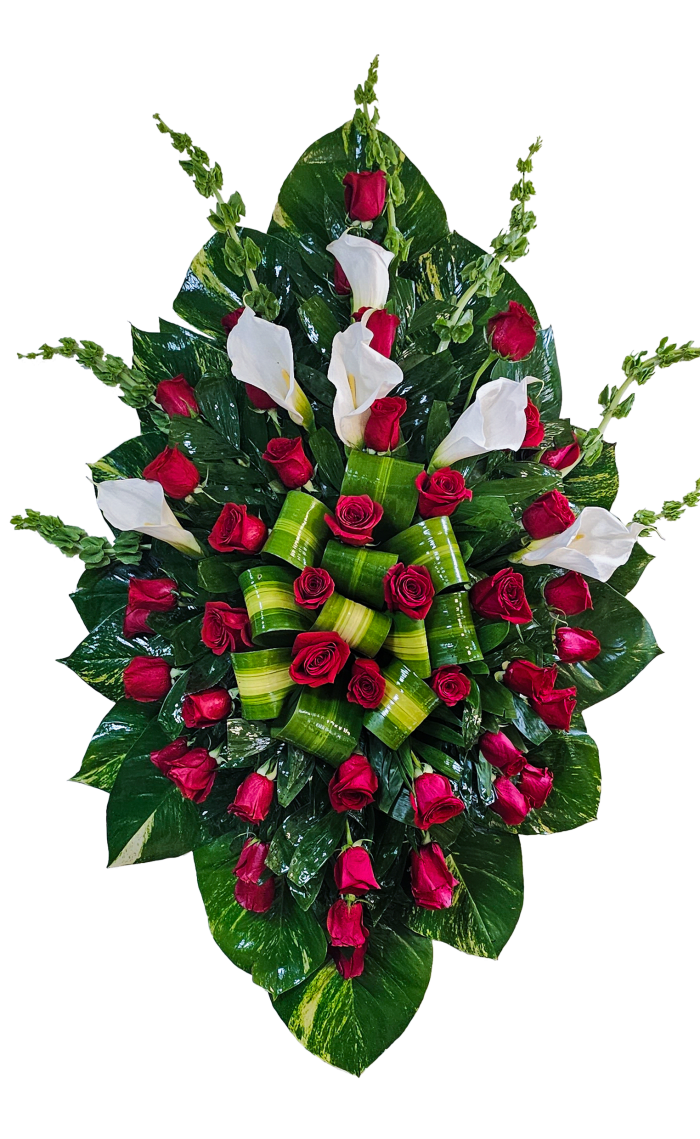 C-18 Corona de rosas, lirios cala y campana de irlanda con cinta impresa