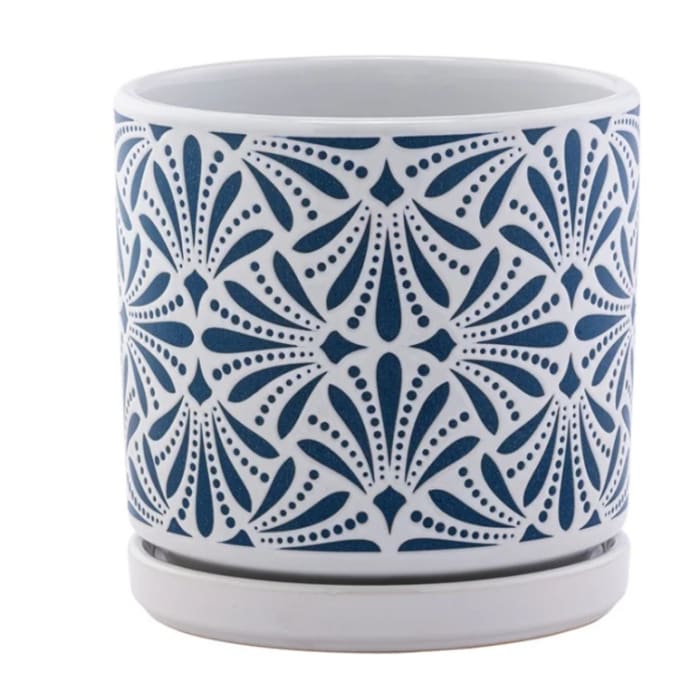 Blue & White Abstract Planter w/ Saucer