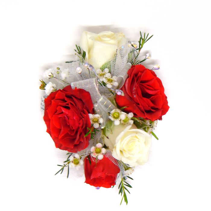 Five Red & White Spray Rose Wrist Corsage