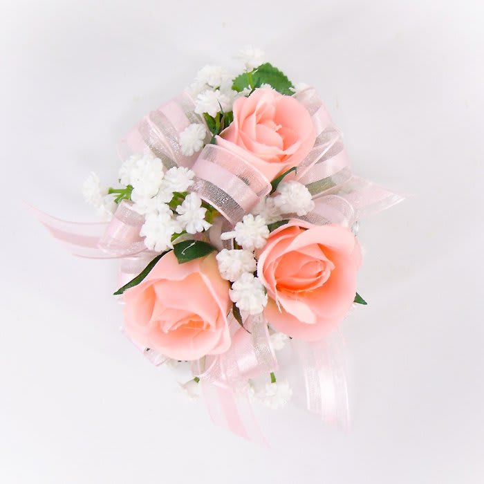 Wrist Corsage-Pink Sweetheart Roses-BB-Pink Ribbon-Leaves