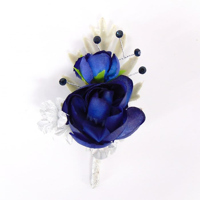 Boutonniere-2 Navy Blue Ranunculus & Bling-Silver Accents