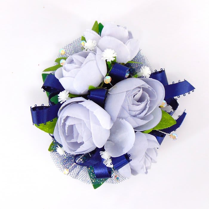 Wrist Corsage-Dusty Blue Ranunculus-Navy Accent-Iridescent Bling