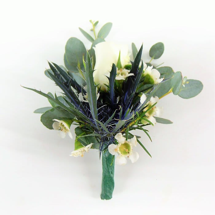White Rose Navy Thistle Boutonniere