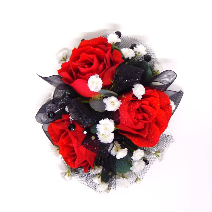 Red Rose Wrist Corsage with Black Accents