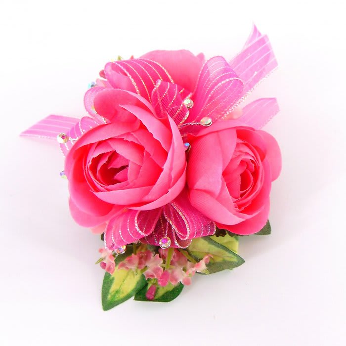 Wrist Corsage-Hot Pink Ranunculus & Ribbon-Bling-Blooms