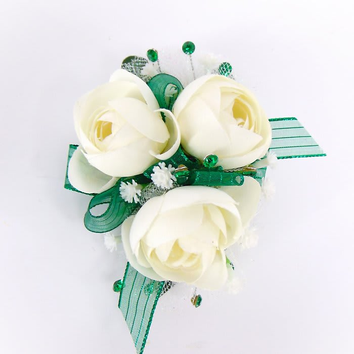 Wrist Corsage-White Ranunculus-Emerald Ribbon & Bling-BB Accents