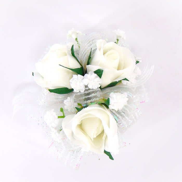 Wrist Corsage-White Sweetheart Roses-BB-Iridescent Ribbon
