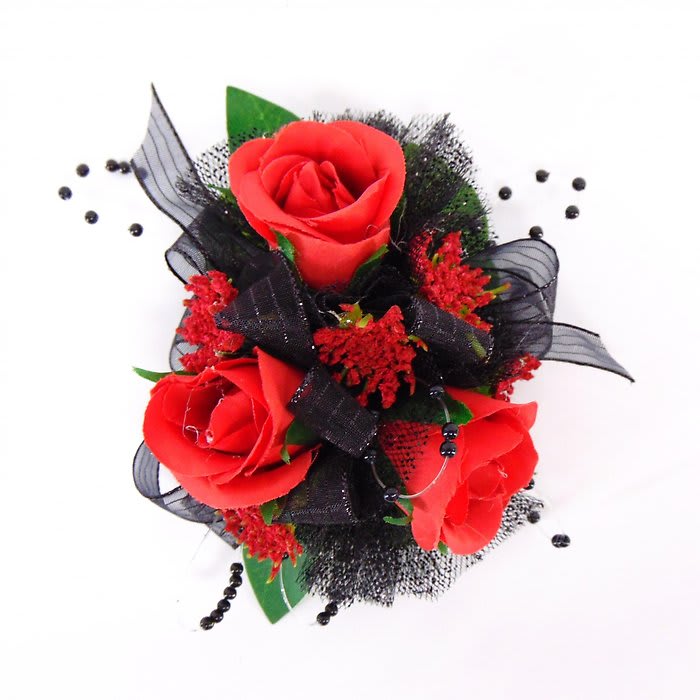 Wrist Corsage-Red Sweetheart Roses-Black tulle, ribbon, bling.