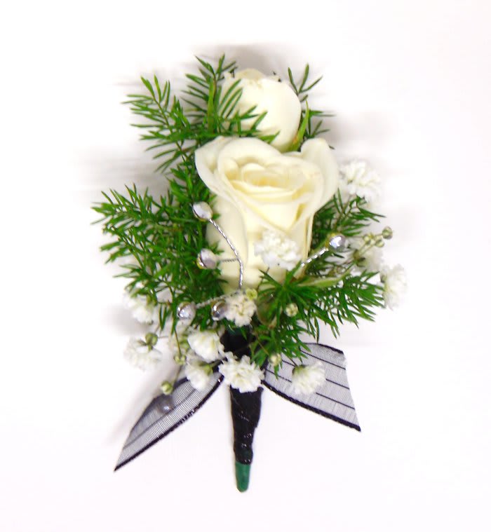 Double White Spray Rose & Black/Silver Boutonniere