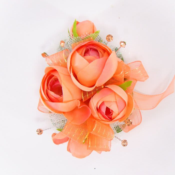 Wrist Corsage-Peach Ranunculus-Peach Sparkle Ribbon & Bling