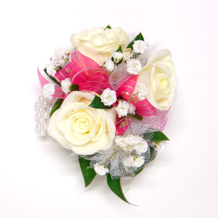 White Spray Roses-Hot Pink & Gold Ribbon