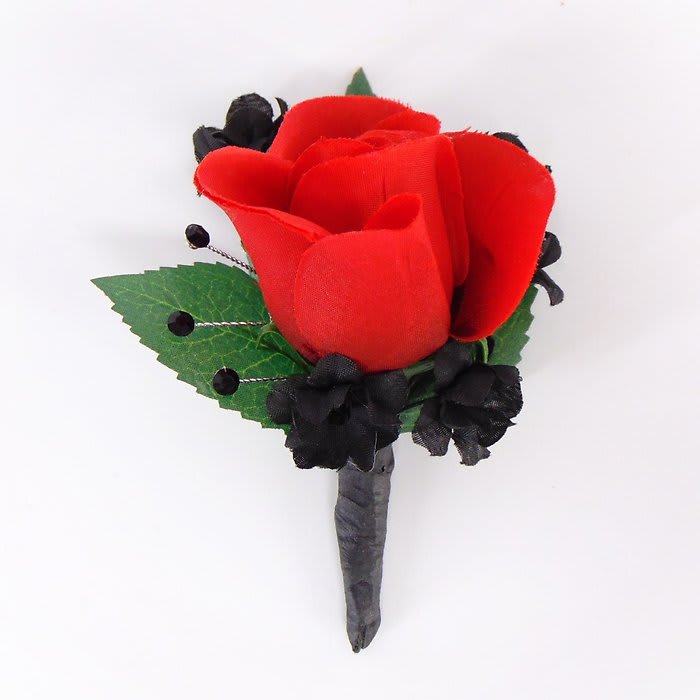 Boutonniere-Red Rose-Black Bling-Black Accents-Leaves
