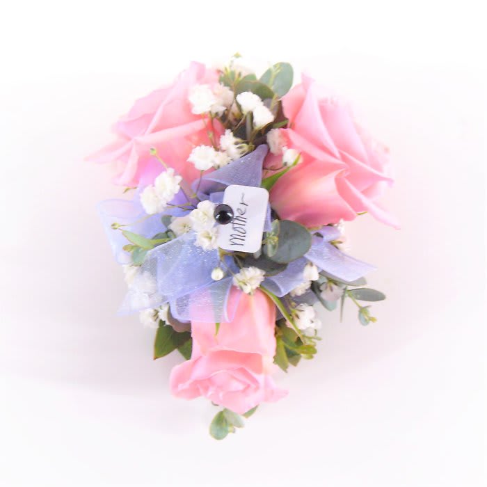 Pink Rose Wrist Corsage with Perwinkle Accent