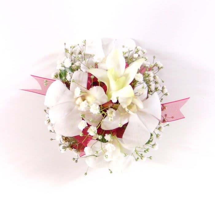 Wrist Corsage White Dendrobium Burgundy Accents