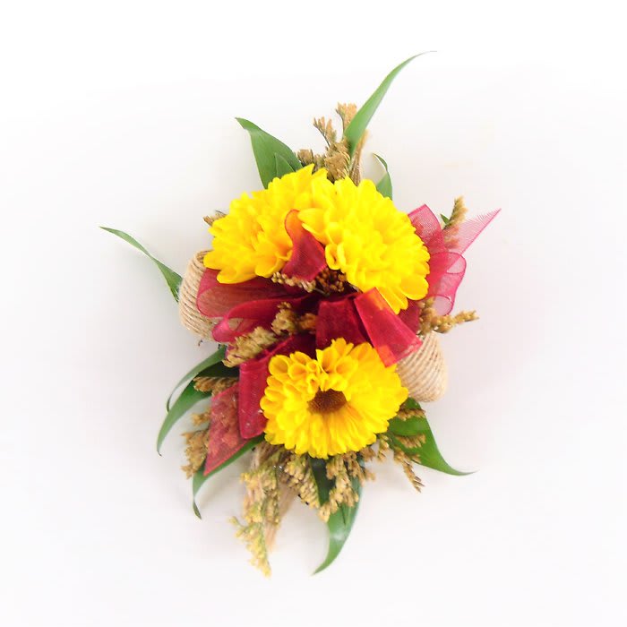 Mini Sunflower Wrist Corsage with Maroon Accents
