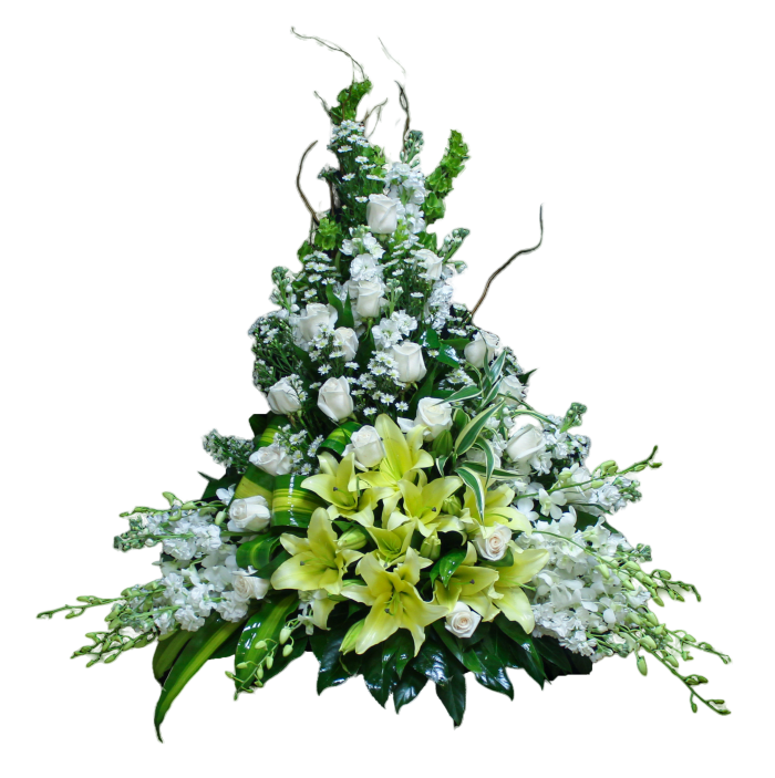 CF-14 Canasta funeral de rosas, stocks, lirios concador y orquídeas