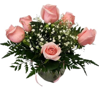 6 Roses in an Glass Bowl (CHOOSE YOUR ROSE COLOR) R-1774