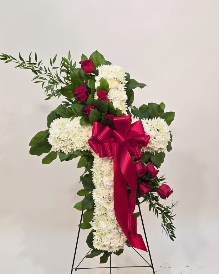 WHITE CROSS WITH RED ROSES