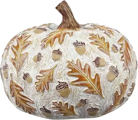 RESIN WHITE WASHED PUMPKIN WITH FALL LEAVES SMALL