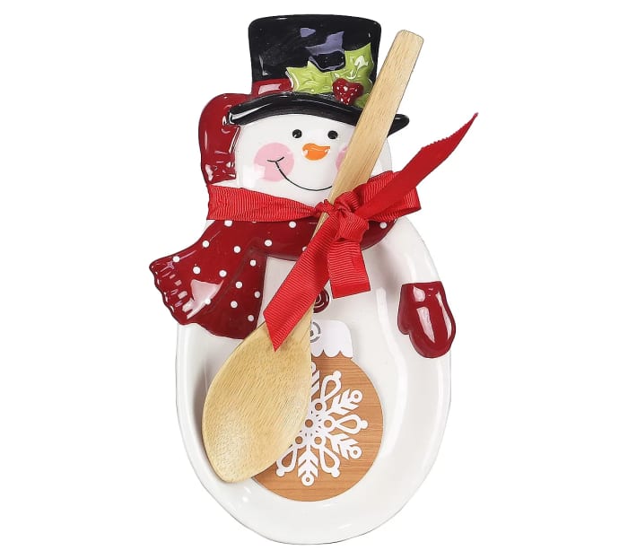 CERAMIC WINTER WHIMSY SNOWMAN SPOON REST WITH WOOD SPOON