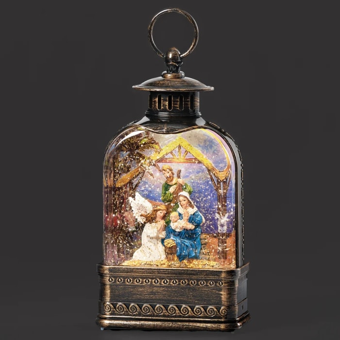 9.5''H LIGHTED SWIRL LANTERN ANGEL & HOLY FAMILY