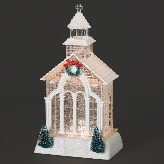 11.5H LIGHTED SWIRL CHURCH WITH GREEN TREES & WREATH