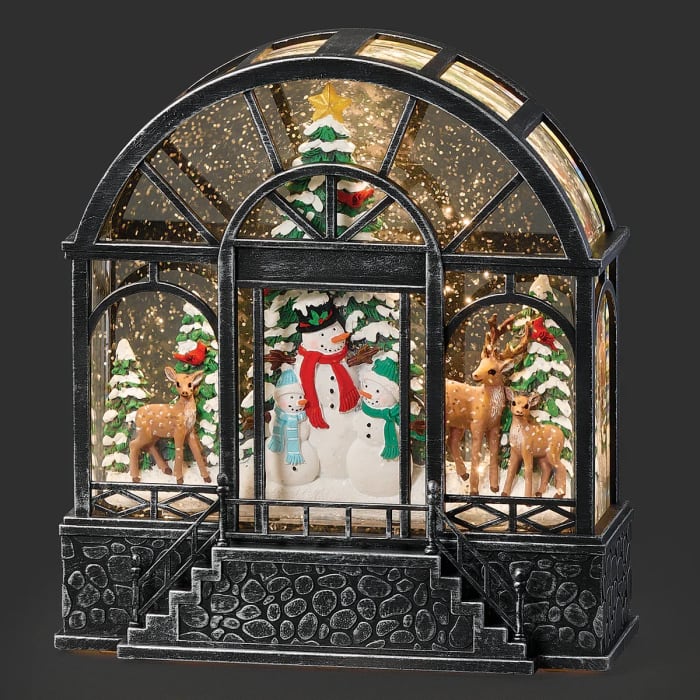 8.5''H LIGHTED SWIRL GREENHOUSE WITH SNOWMAN FAMILY & WOODLAND ANIMALS