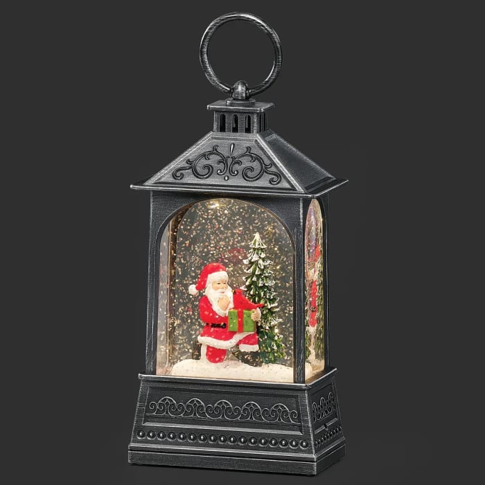 8''H LIGHTED SWIRL VINTAGE BLACK LANTERN W/ SANTA & CARDINAL CONFETTI