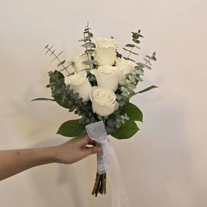 WHITE ROSES AND EUCALYPTUS HAND-TIED BOUQUET