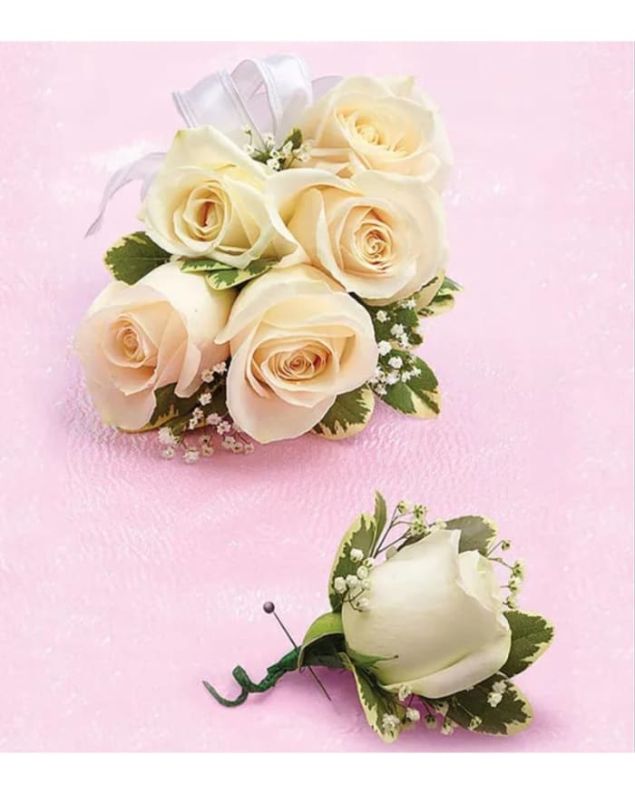 Simple White Rose Corsage and Boutonniere Combo