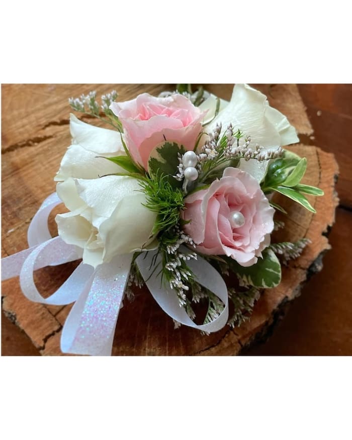 White and Pink Rose Corsage and Boutonniere Set
