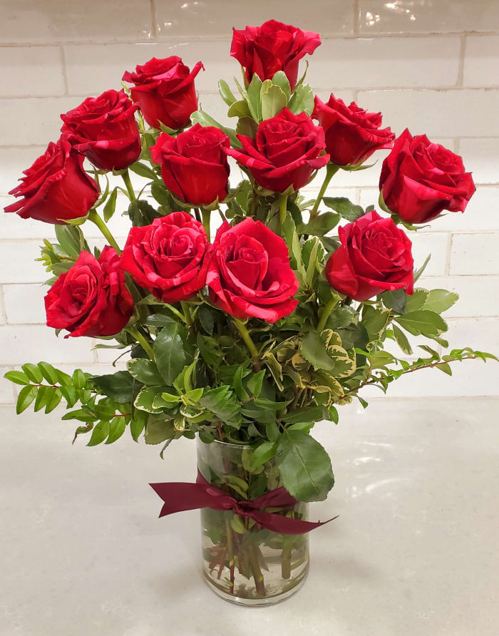 12 Red Roses, Clear Glass Vase