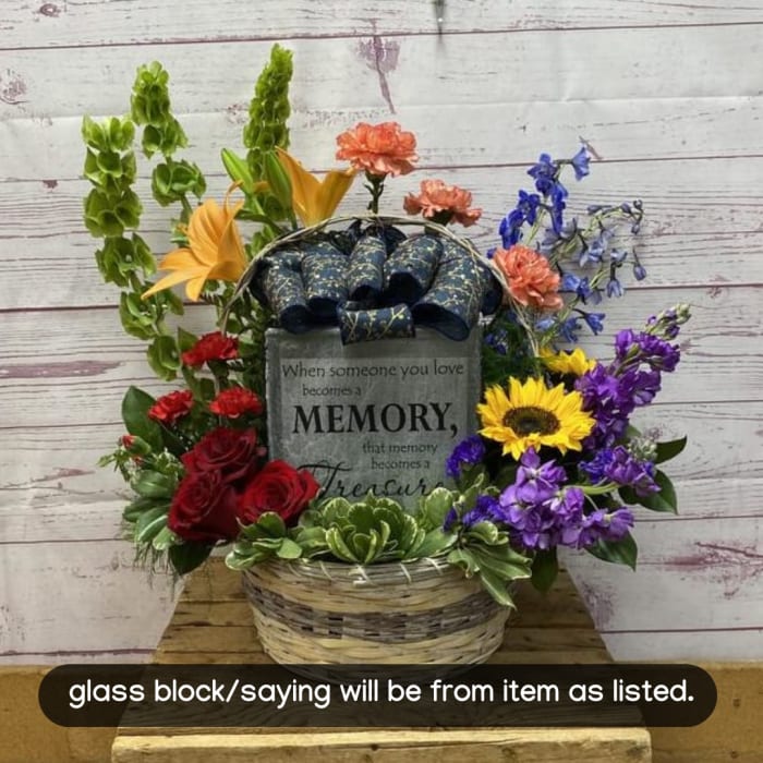 Lighted Glass Block with Fresh Floral Sympathy Arrangement