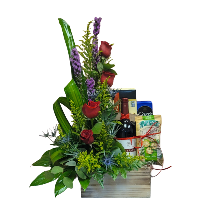 HA-8 Canasta gourmet con vino y flores