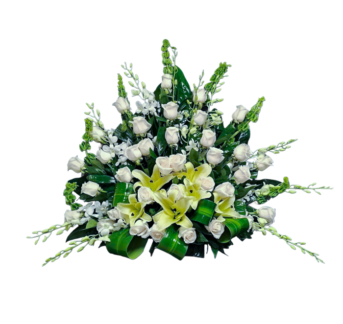CF-13 Canasta funeral de rosas, lirios concador y orquídeas