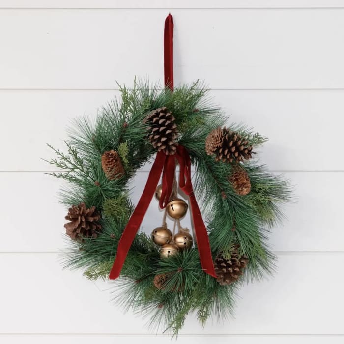 Pine Wreath with Velvet Ribbon and Gold Bells