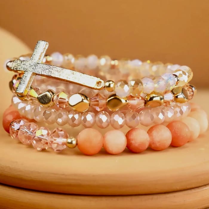 4 Layer Rose Quartz with Cross - Stretch Bracelet