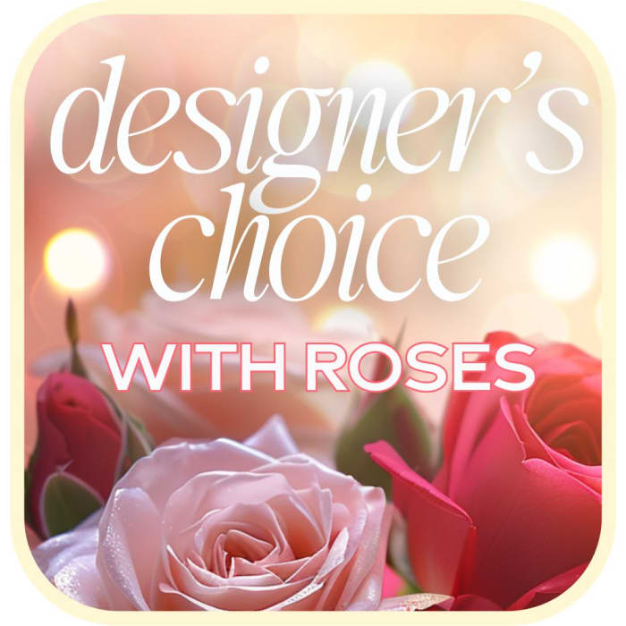 Designer's Choice With Roses In Glass Vase