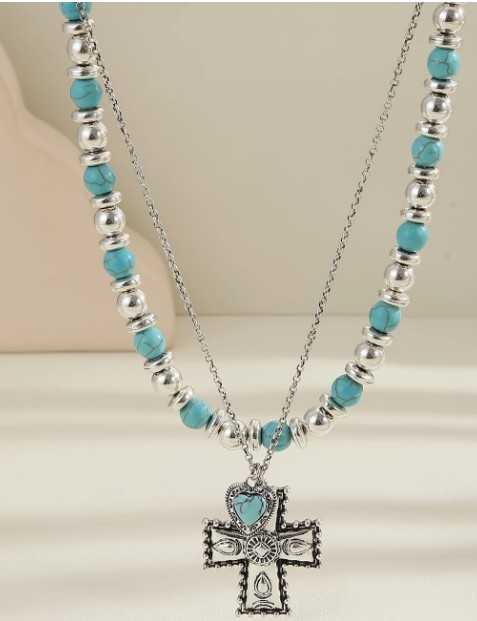 Women`s Turquoise Double Layer Cross Necklace
