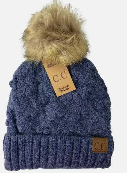 Blue and Brown Pom Beanie