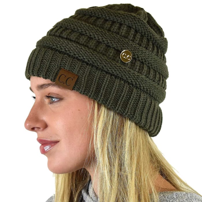 Olive Button Beanie