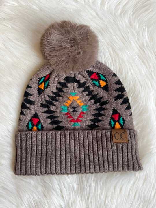 Grey Aztec Pom Beanie