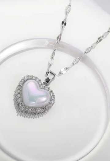 Elegant Titanium Steel Opal Heart Necklace-Silver