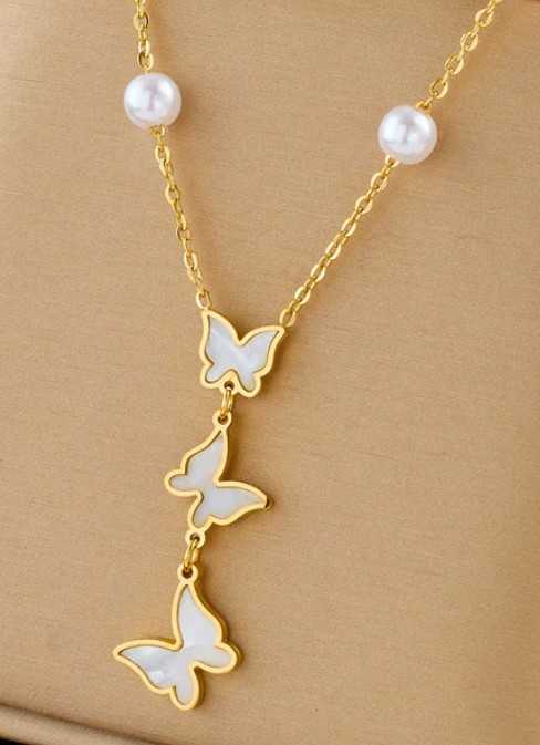Gold and Pearl 3 Tier Butterfly Necklace