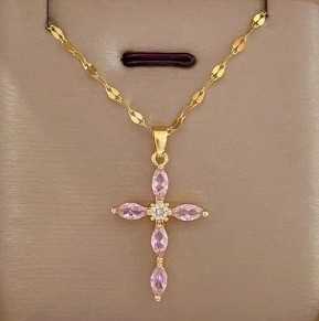 Gold and Powder Pink Cross Necklace