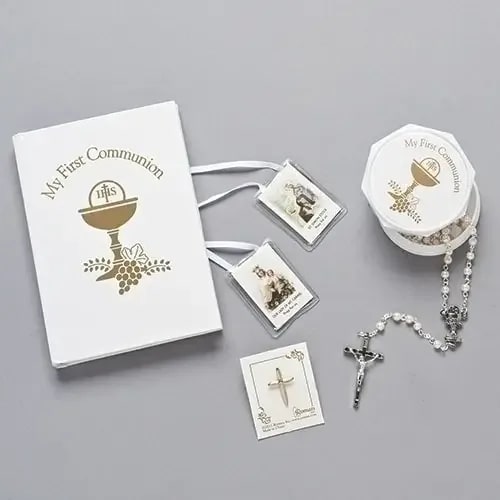 White/Gold Communion Set: Rosary/Box/Book/Scapular; 5-piece