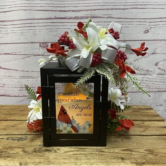 When Angels Are Near Cardinal Lantern with Silk (Artificial) Floral Accents