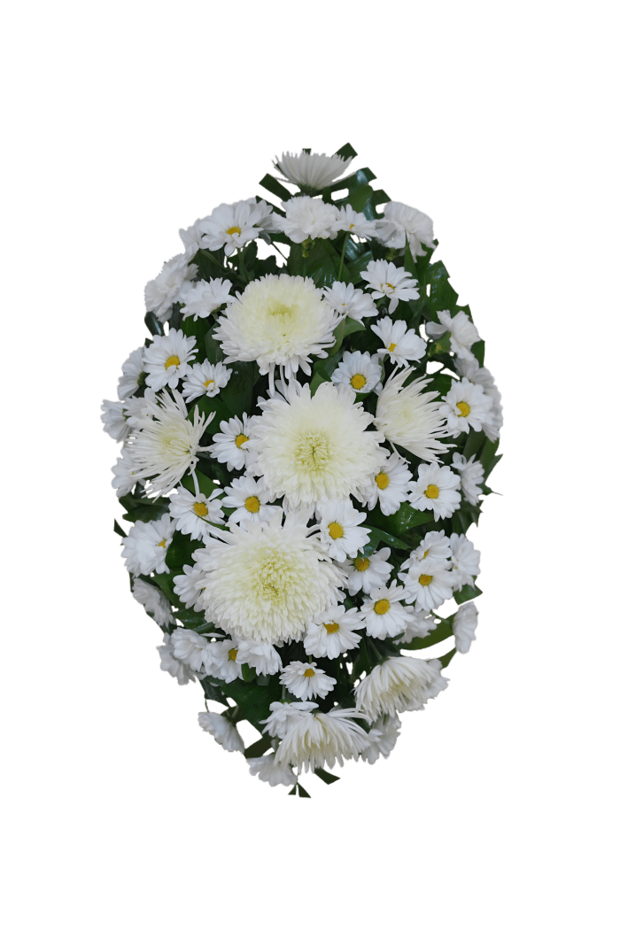 FS-2 Corona de margaritas, claveles, spiders y crisantemos con cinta impresa